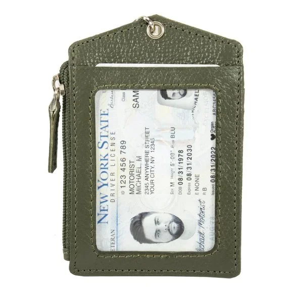 ID Lanyard Card Holder in Genuine Leather with Long Metal Chain - Picture 2 of 9